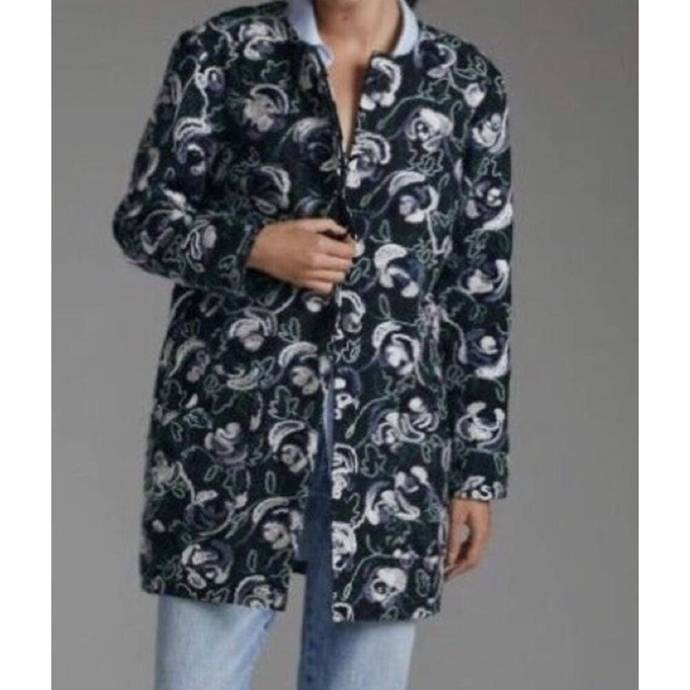 New $228 Anthropologie Floral Tapestry Embroidered Coat Hutch $260 Small Blue - Picture 3 of 15